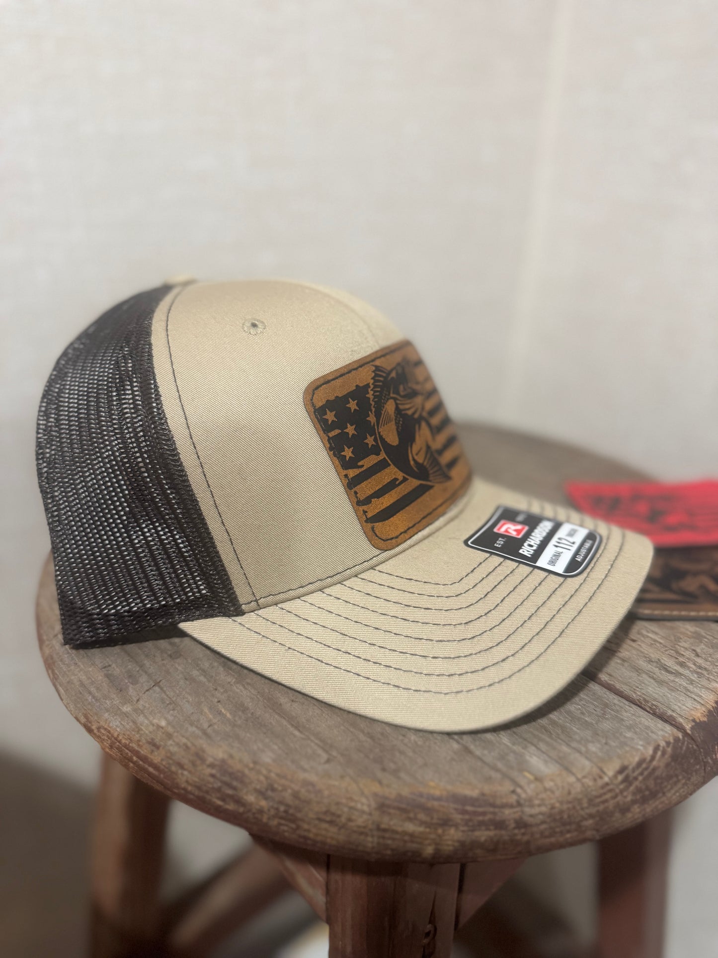 Bass Fish USA Flag Richardson Leather Patch Trucker Hat