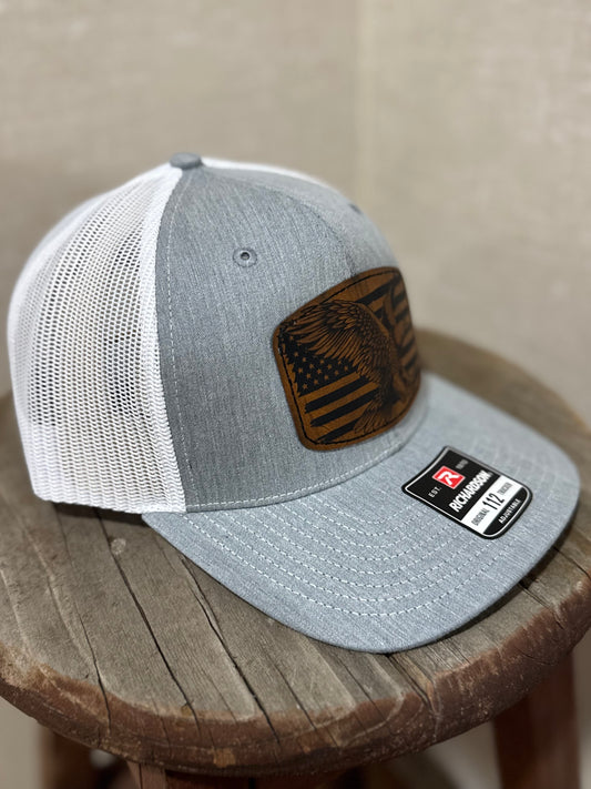 Eagle with the USA Flag Richardson Leather Patch Trucker Hat