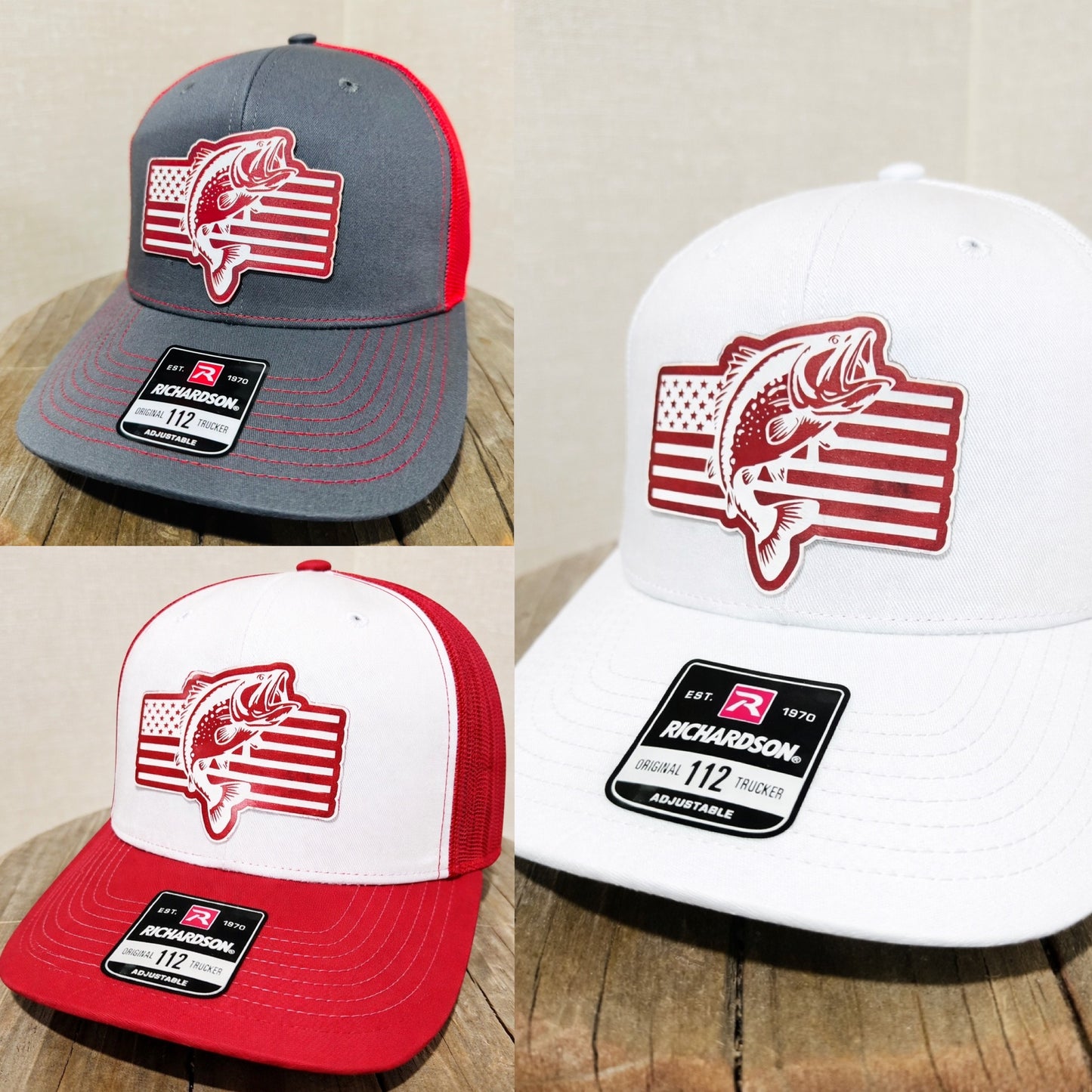 Richardson 112 Trucker , Bass with American flag. New Acrylic TriLayer Patch design