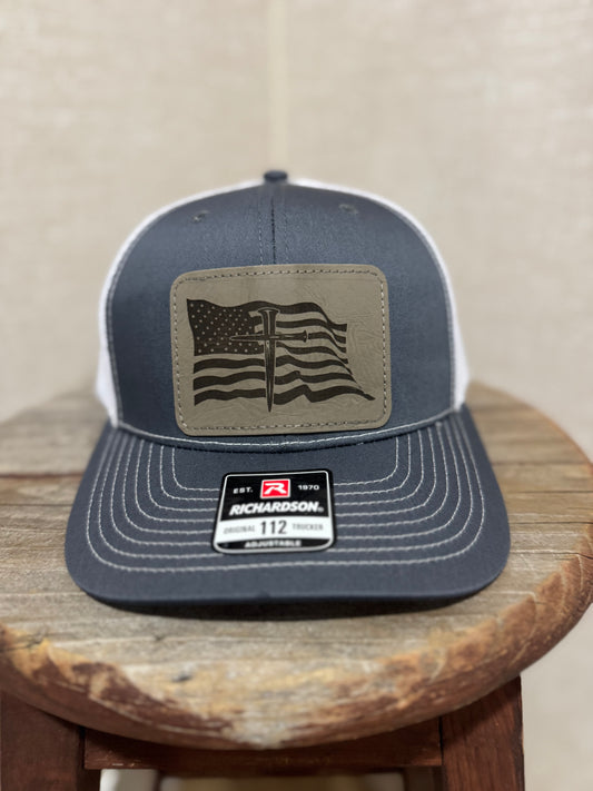 USA Flag with the Cross Hat Richardson 112  Trucker  Leather Patch
