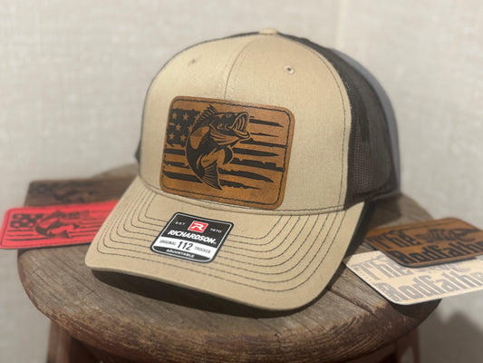 Bass Fish USA Flag  Richardson Leather Patch Trucker Hat
