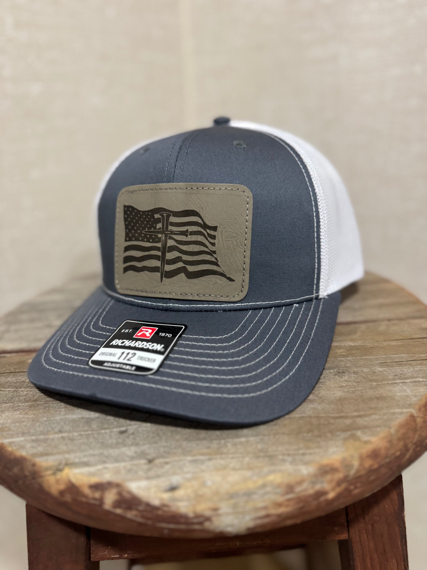 USA Flag with the Cross Hat Richardson 112  Trucker  Leather Patch
