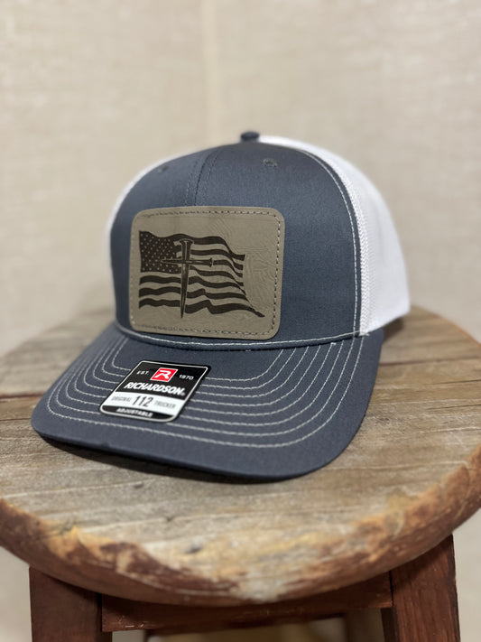 USA Flag with the Cross Hat Richardson 112  Trucker  Leather Patch