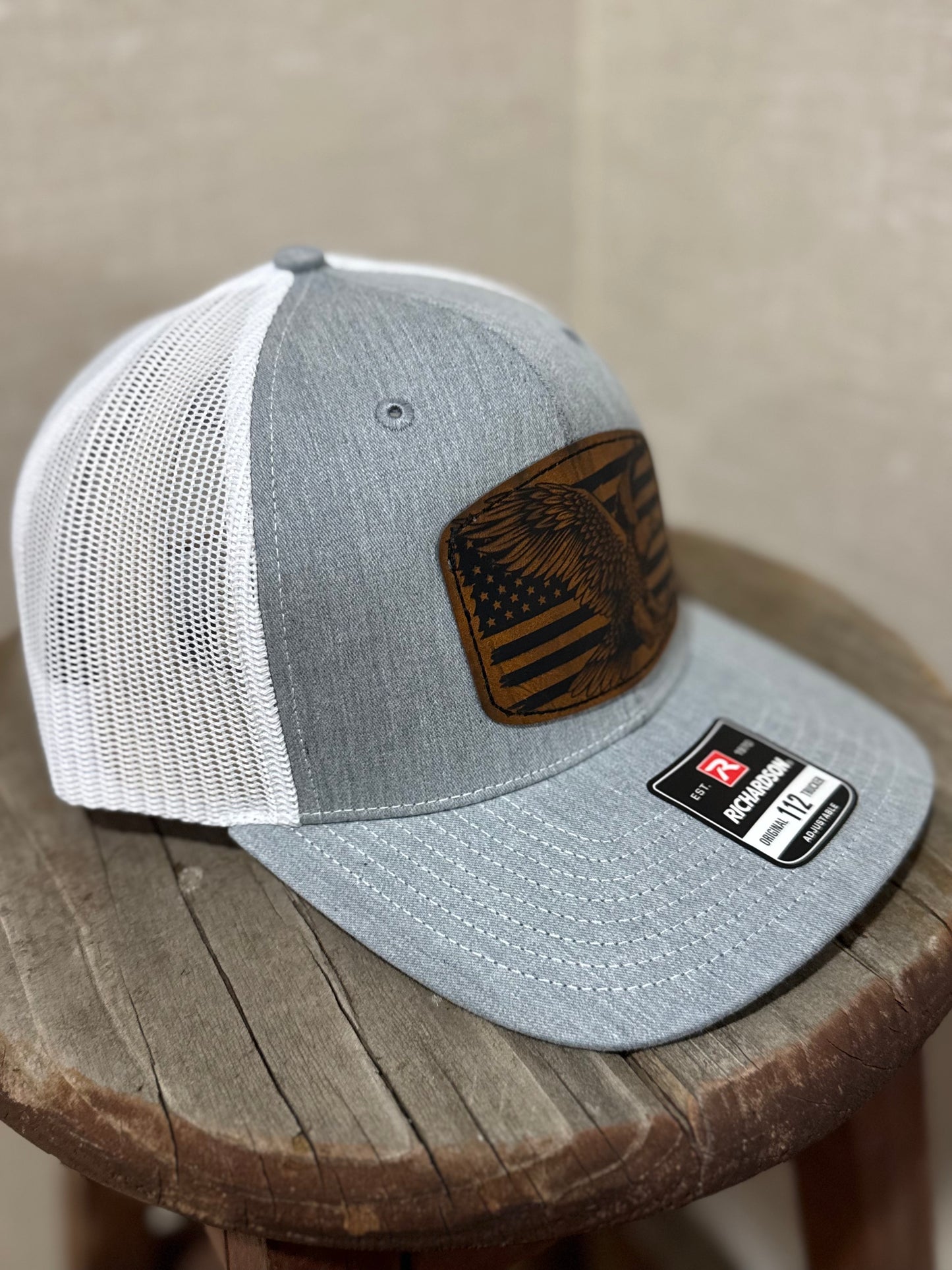 Eagle with the USA Flag  Richardson Leather Patch Trucker Hat