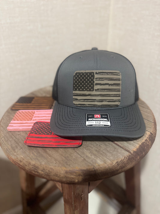 USA Flag Hat Richardson 112 Trucker  Leather Patch | Patriotic Veteran’s