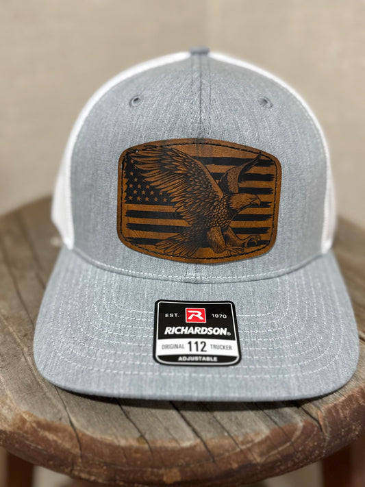 Eagle with the USA Flag  Richardson Leather Patch Trucker Hat