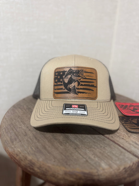 Bass Fish USA Flag  Richardson Leather Patch Trucker Hat
